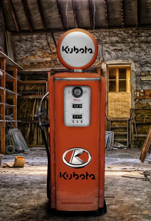 Orange Kubota-branded replica gas pump in a rustic barn