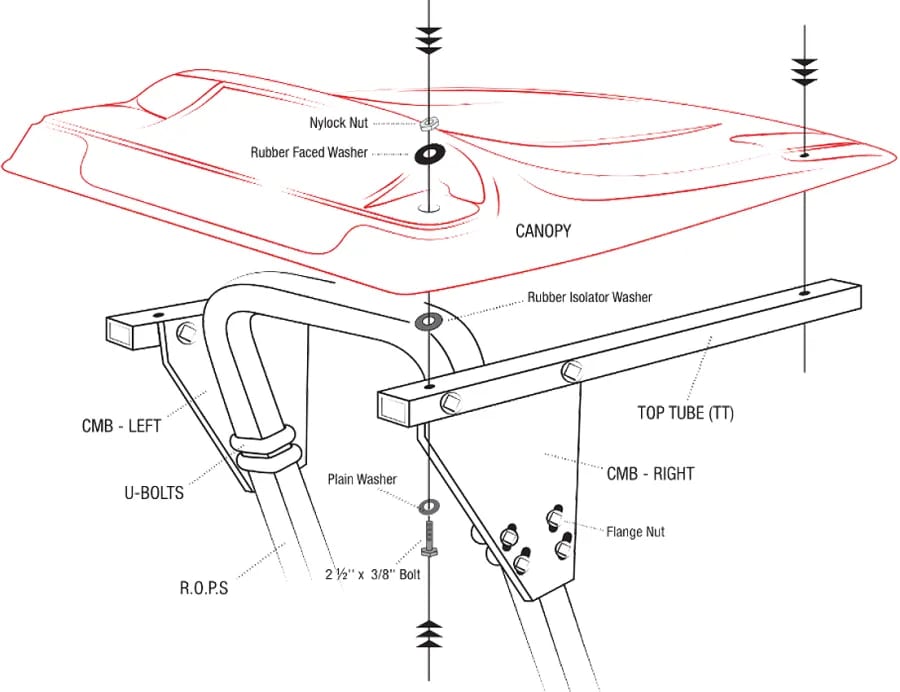 Engineering drawing of a fiberglass tractor canopy assembly showing the canopy, top tube, mounting brackets, U-bolts and hardware