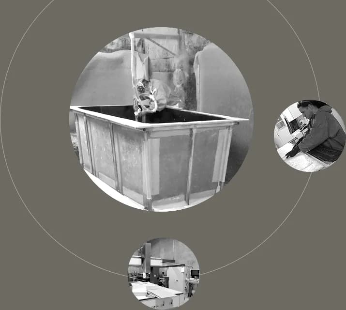 Black and white photos of the Firebird team building molds and parts in the shop